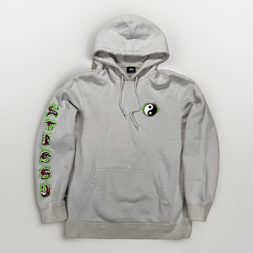 Stussy Graphic Hoodie Men's L Dragon Letter Logo Yin Yang Streetwear Y2K